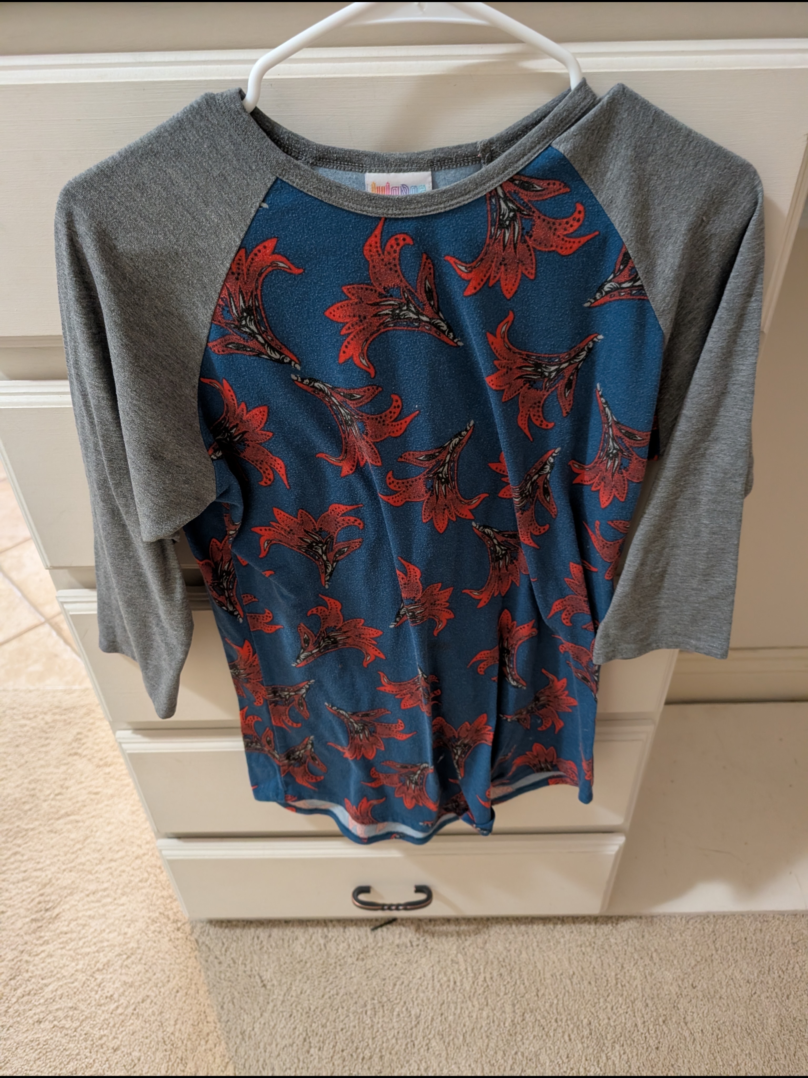 Lularoe Blue Floral Raglan Top With Gray Sleeves